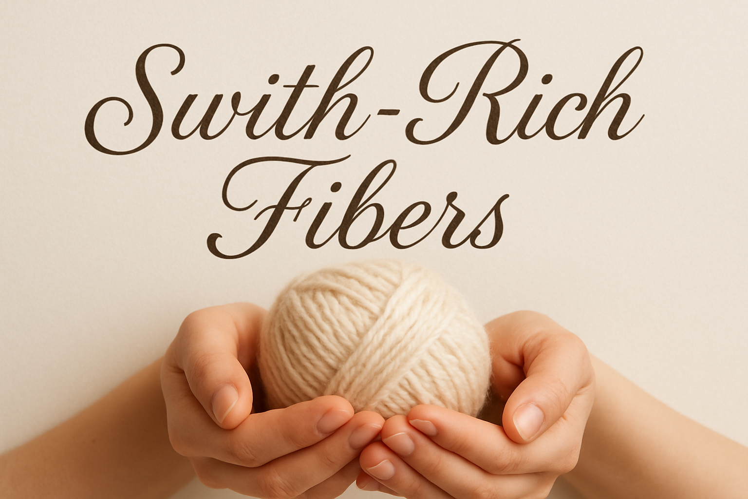 Swith-Rich Fibers in cursive with two hands holding a ball of yarn